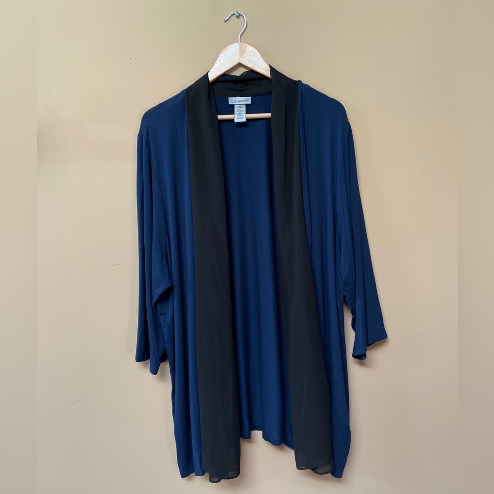 Catherines Open Front Cardigan Drape Size 2X Mesh Stretch Blue Black‎ Sweater